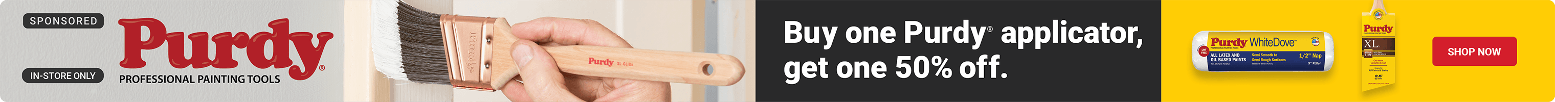 Advertisement for Sherwin Williams. Buy one Purdy applicator, get one 50% off.