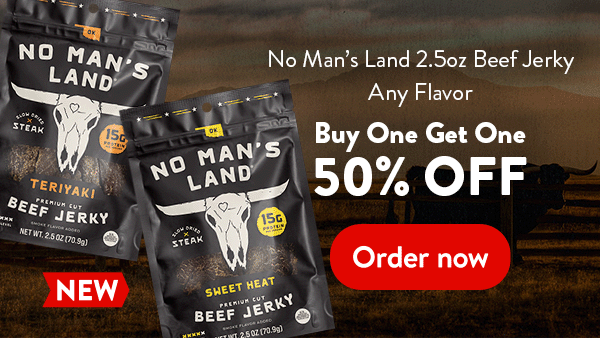 no man's land 2.5oz beef jerky any flavor buy one get one 50% off. order now