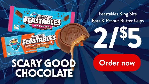 Feastables king size bars and peanut butter cups 2/$5. Order now