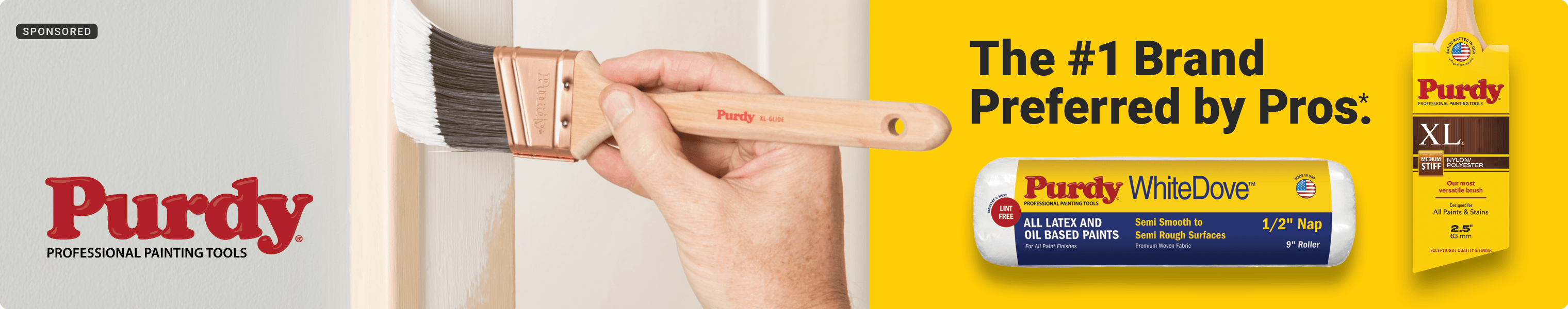 Advertisement for Sherwin Williams: Purdy professional painting tools. The number1 brand preferred by pros.