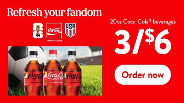 20oz Coca-Cola beverages 3 for $6. Order now