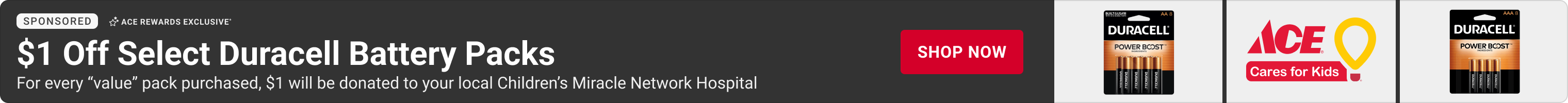 Advertisement for Duracell. $1 off select Duracell battery packs. Shop Now.