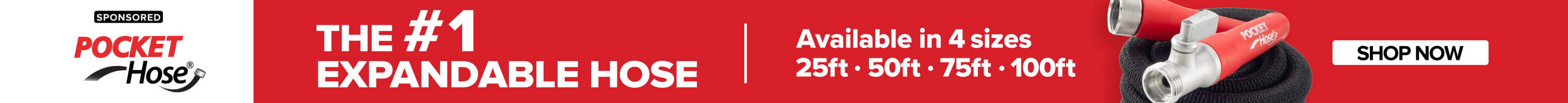 Advertisement for Telebrands. The #1 Expandable Hose. Available in 4 sizes. 25ft 50ft 75ft 100ft.