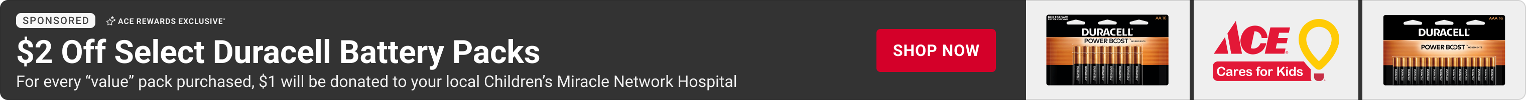 Advertisement for Duracell. $2 off select Duracell battery packs. Shop Now.