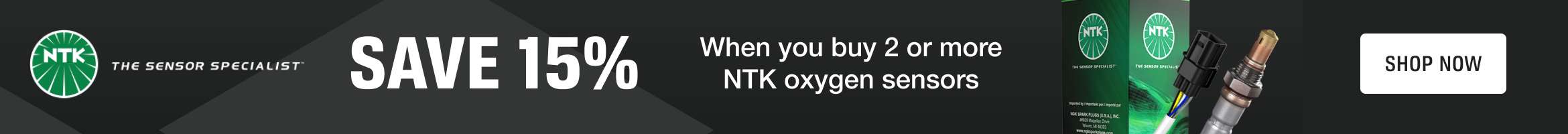 Advertisement for Niterra. SAVE 15 percent, When you buy 2 or more NTK oxygen sensors. SHOP NOW.