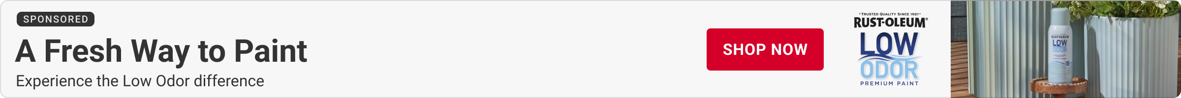 Advertisement for Rustoleum. A Fresh way to Paint. Shop Now.