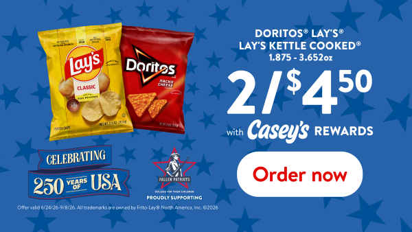 Doritos Lays Lays Kettle Cooked 1.875-3.652oz 2 for $4.50 with Casey's Rewards. order now