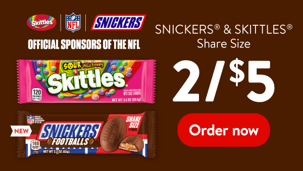 Snickers and Skittles share size 2 for $5. Order now