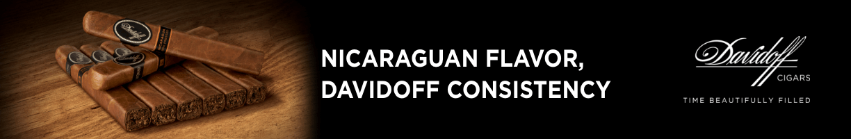 Advertisement for Davidoff: NICARAGUAN FLAVOR, DAVIDOFF CONSISTENCY. Davidoff CIGARS. TIME BEAUTIFULLY FILLED.