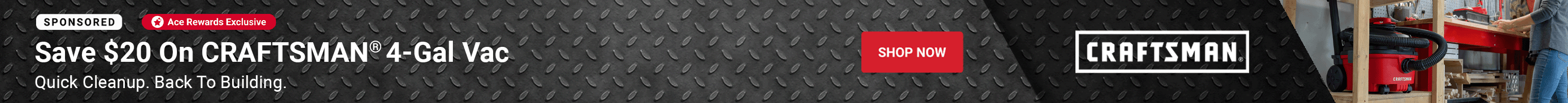 Advertisement for Emerson Electric. Save $20 on Craftsman 4-Gal Vacuum 