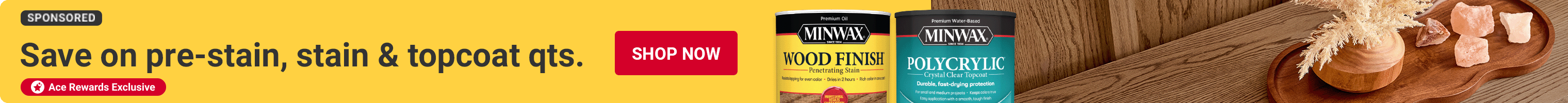 Advertisement for Sherwin Williams. Save on pre-stain, stain & topcoat qts. Shop Now