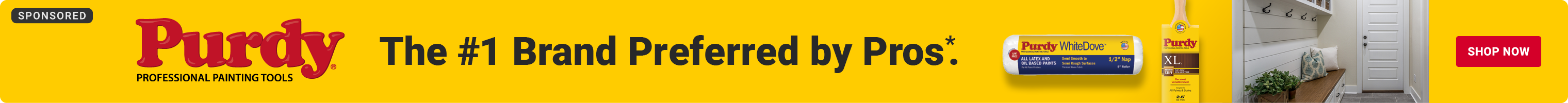 Advertisement for Sherwin: The #1 Brand Preferred by Pros. Purdy Professionals Painting Tools.