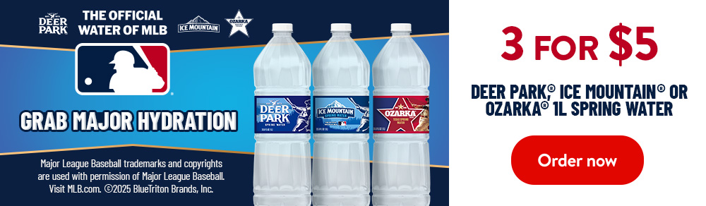Deer Park, Ice Moutain, or Ozarka 1L Spring Water 3 for $5
