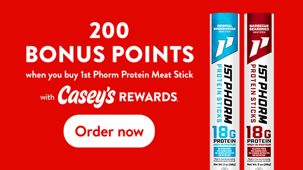 200 Bonus Points when you buy 1st Phorm Protein Meat Stick with Casey's Rewards. Order now