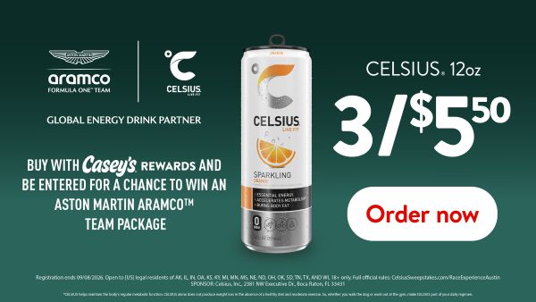 Celsius 12oz 3 for $5.50 with Casey's Rewards and be entered for a chance to win an Aston Martin Armaco team package. Order now