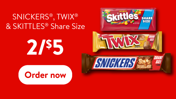 Snickers, Twix, & Skittles Share Size 2 for $5. Order now