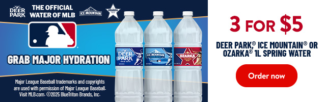Deer Park, Ice Mountain, or Ozarka 1L Spring Water 3 for $5