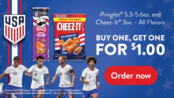 Pringles 5.3-6.5oz and Cheez-It 3oz - All flavors. Buy one, get one for $1.00